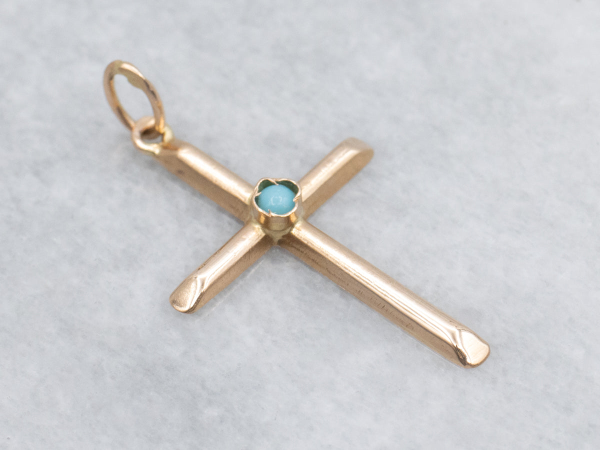Vintage Rose Gold and Turquoise Glass Cross Pendant