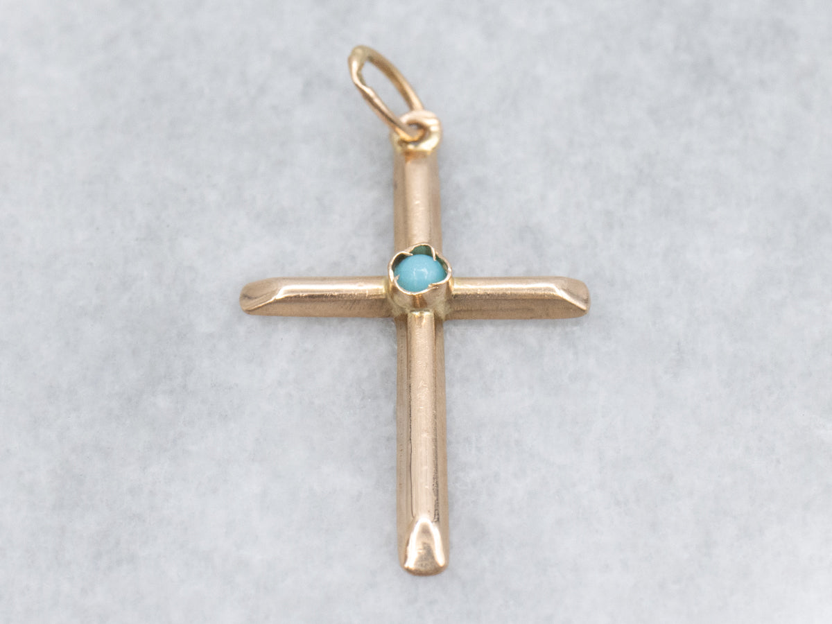 Vintage Rose Gold and Turquoise Glass Cross Pendant