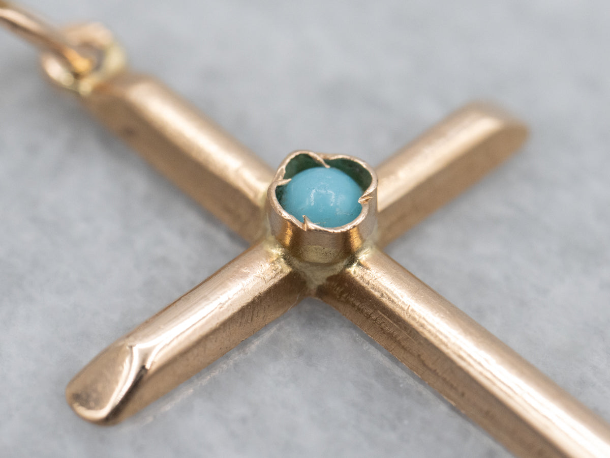 Vintage Rose Gold and Turquoise Glass Cross Pendant