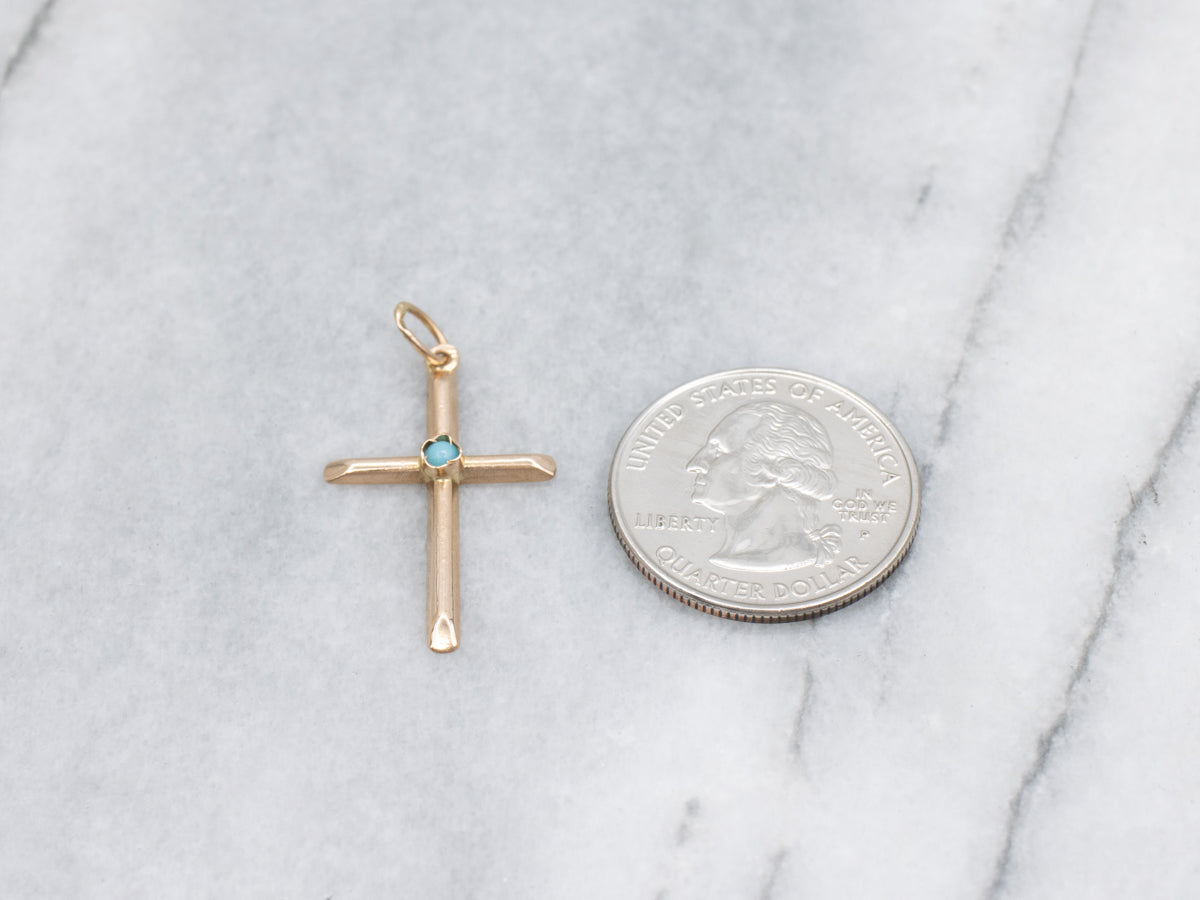 Vintage Rose Gold and Turquoise Glass Cross Pendant