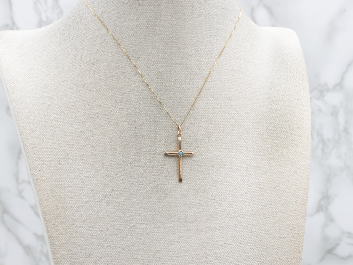Vintage Rose Gold and Turquoise Glass Cross Pendant