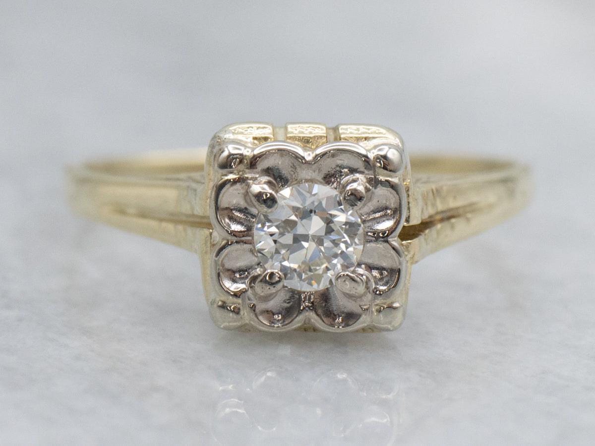 European Cut Diamond in Vintage Gold Flower Engagement Setting