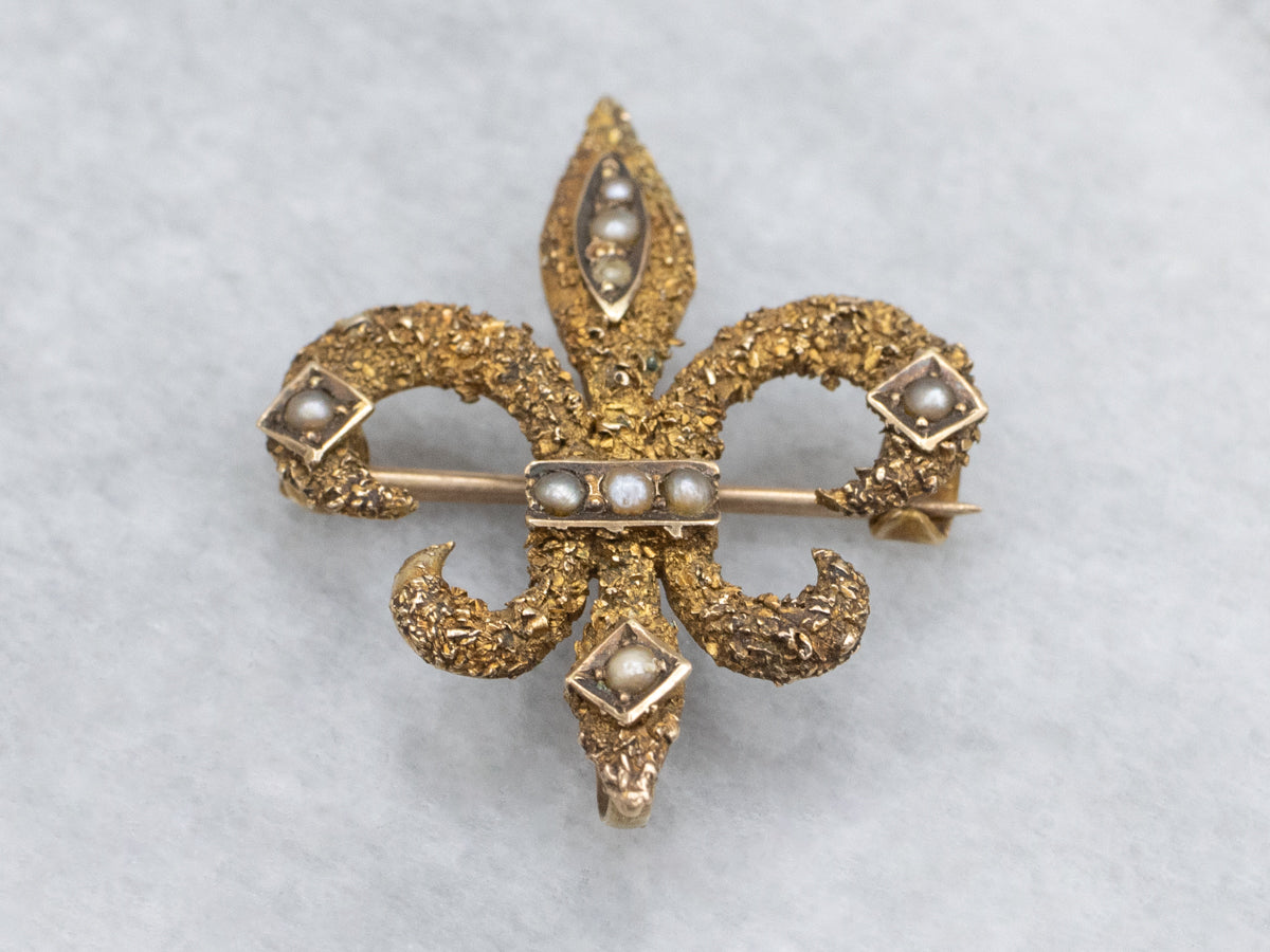 Antique Seed Pearl Textured Fleur de Lis Pin with Hook
