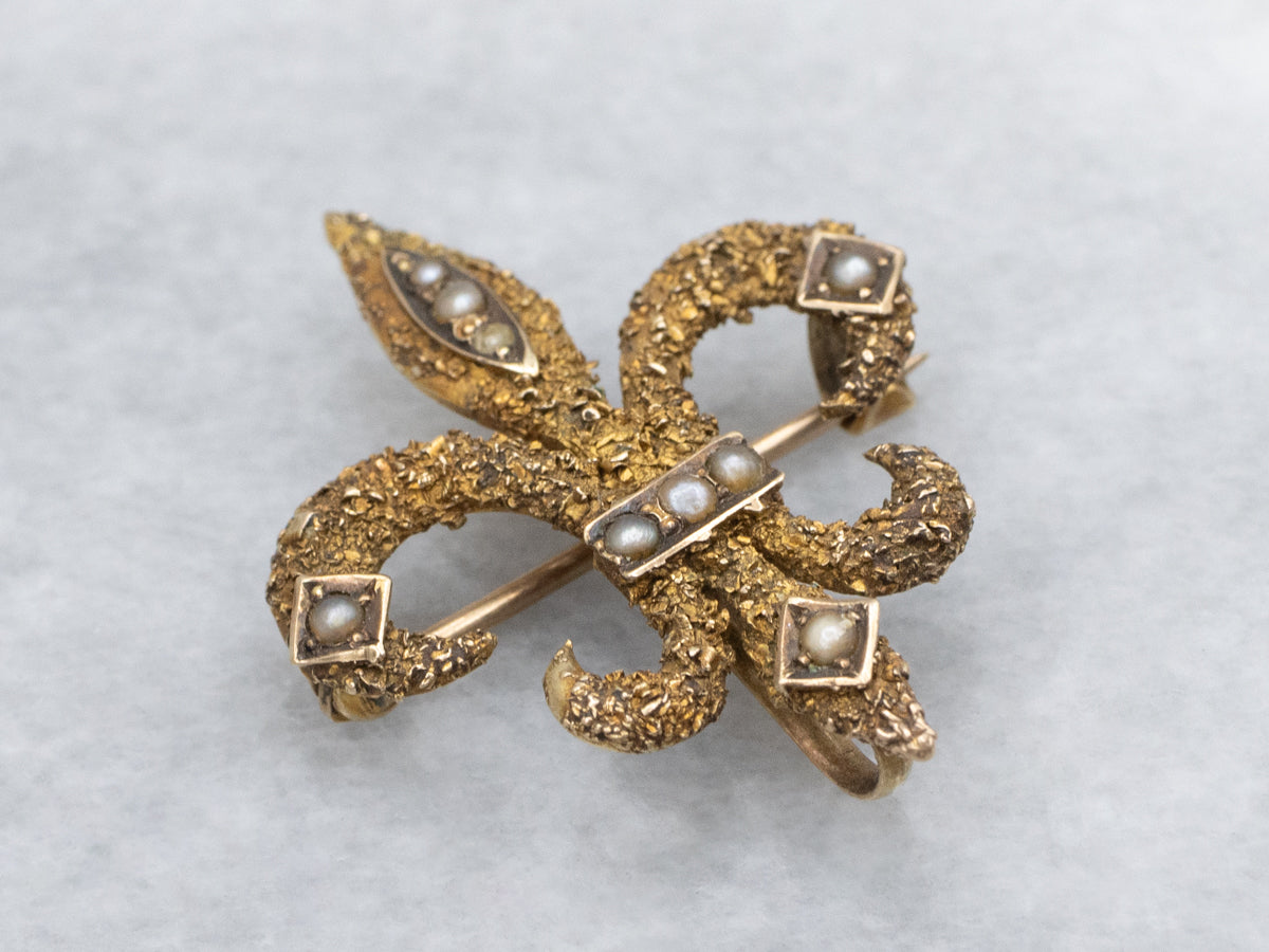 Antique Seed Pearl Textured Fleur de Lis Pin with Hook
