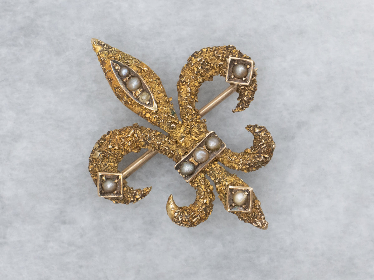 Antique Seed Pearl Textured Fleur de Lis Pin with Hook