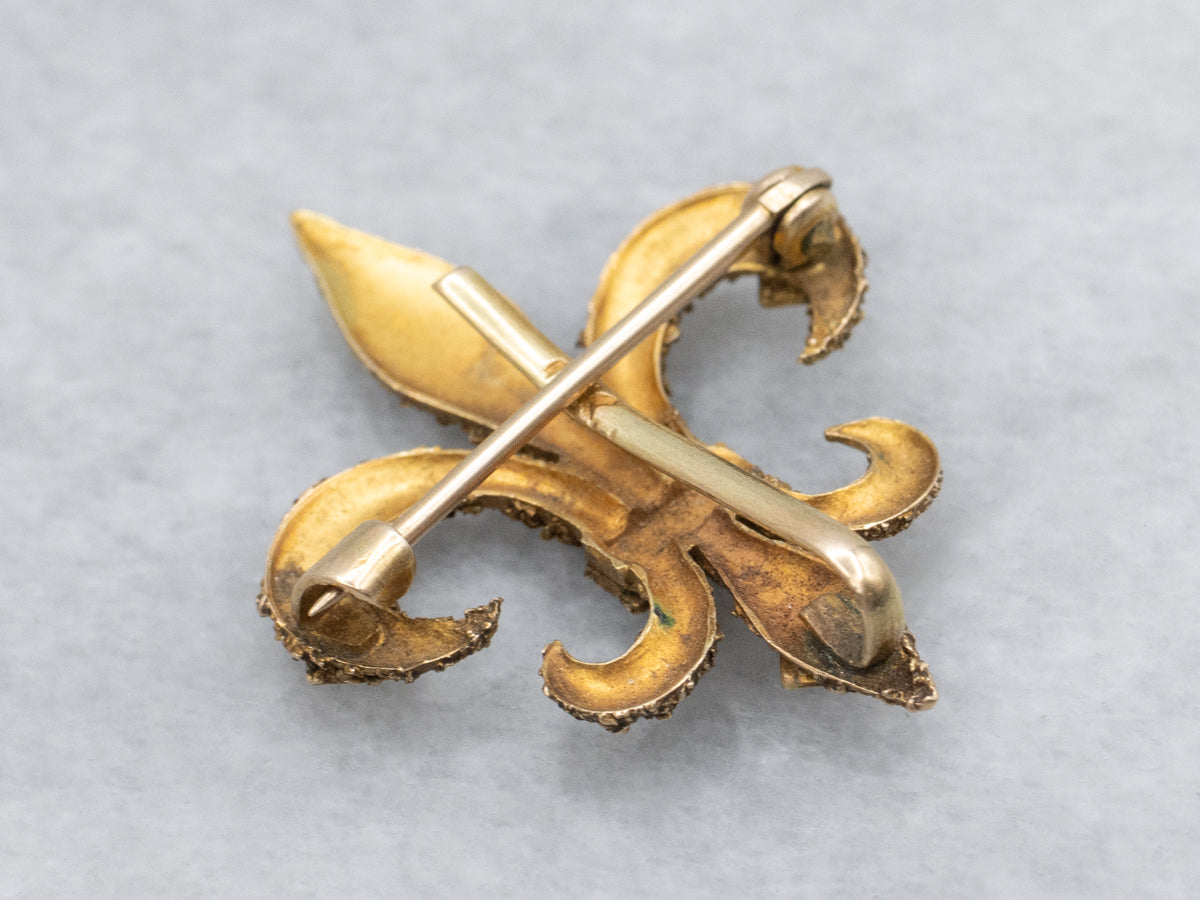 Antique Seed Pearl Textured Fleur de Lis Pin with Hook