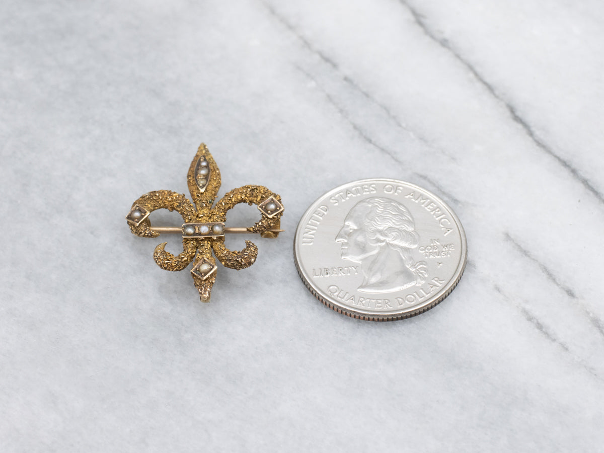 Antique Seed Pearl Textured Fleur de Lis Pin with Hook