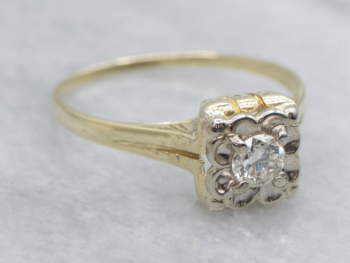 European Cut Diamond in Vintage Gold Flower Engagement Setting