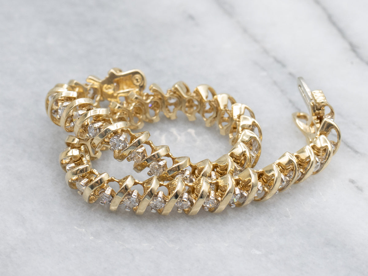 Diamond Yellow Gold Tennis Bracelet with Curved Links