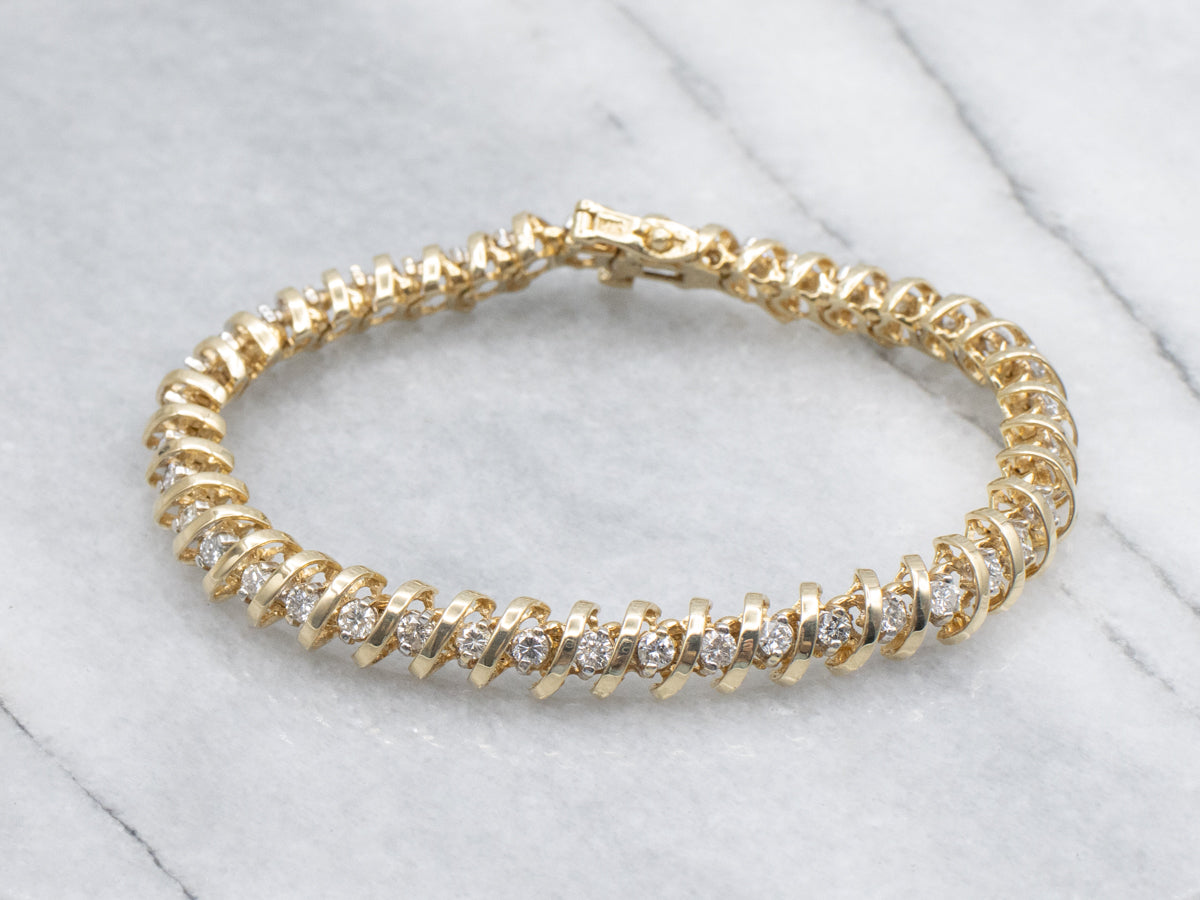 Diamond Yellow Gold Tennis Bracelet with Curved Links