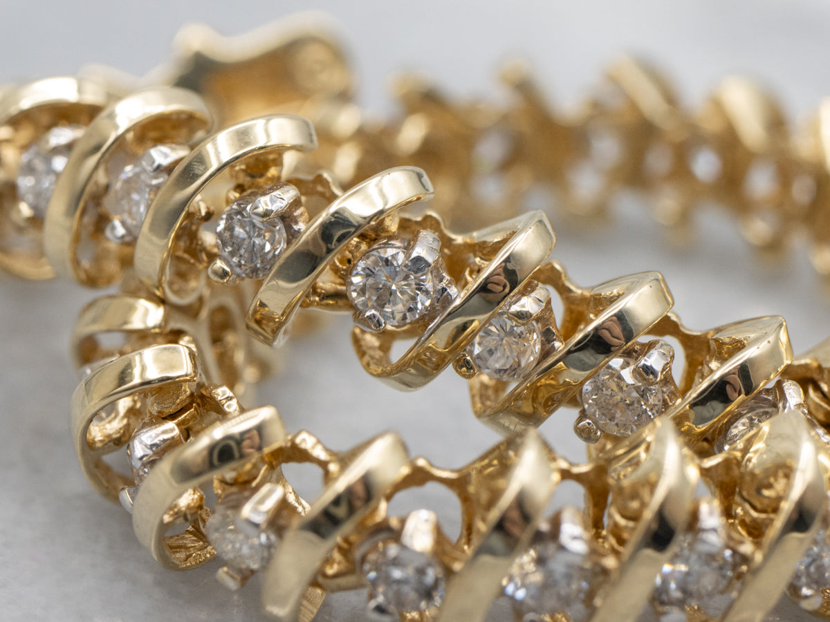 Diamond Yellow Gold Tennis Bracelet with Curved Links