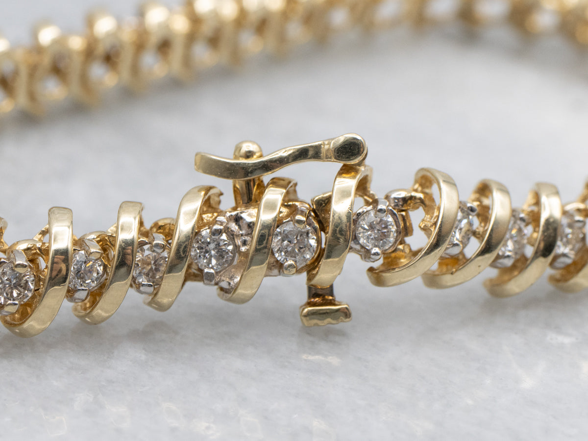 Diamond Yellow Gold Tennis Bracelet with Curved Links