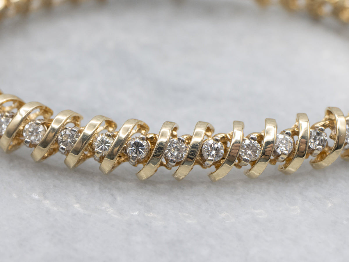 Diamond Yellow Gold Tennis Bracelet with Curved Links