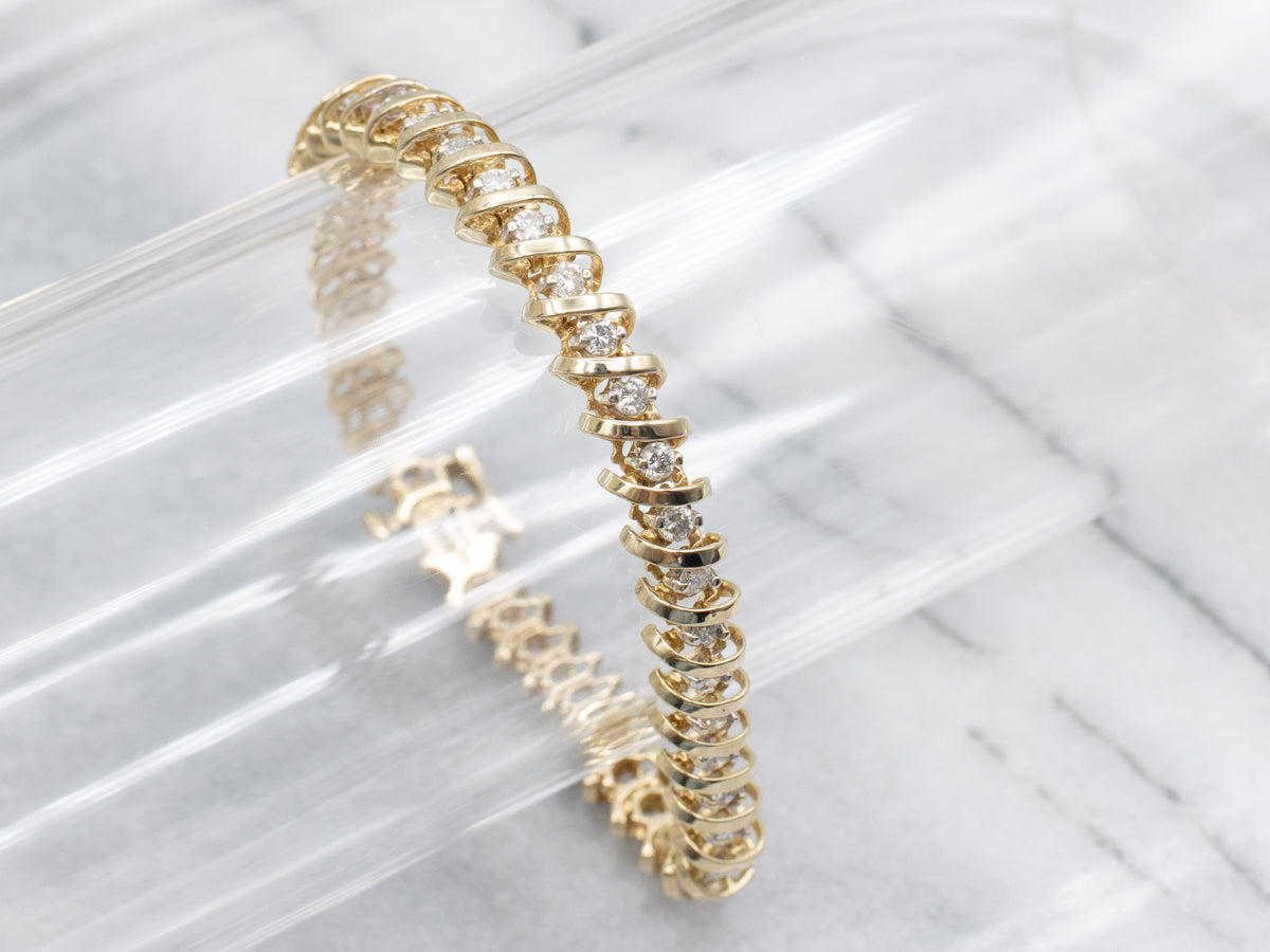 Diamond Yellow Gold Tennis Bracelet with Curved Links