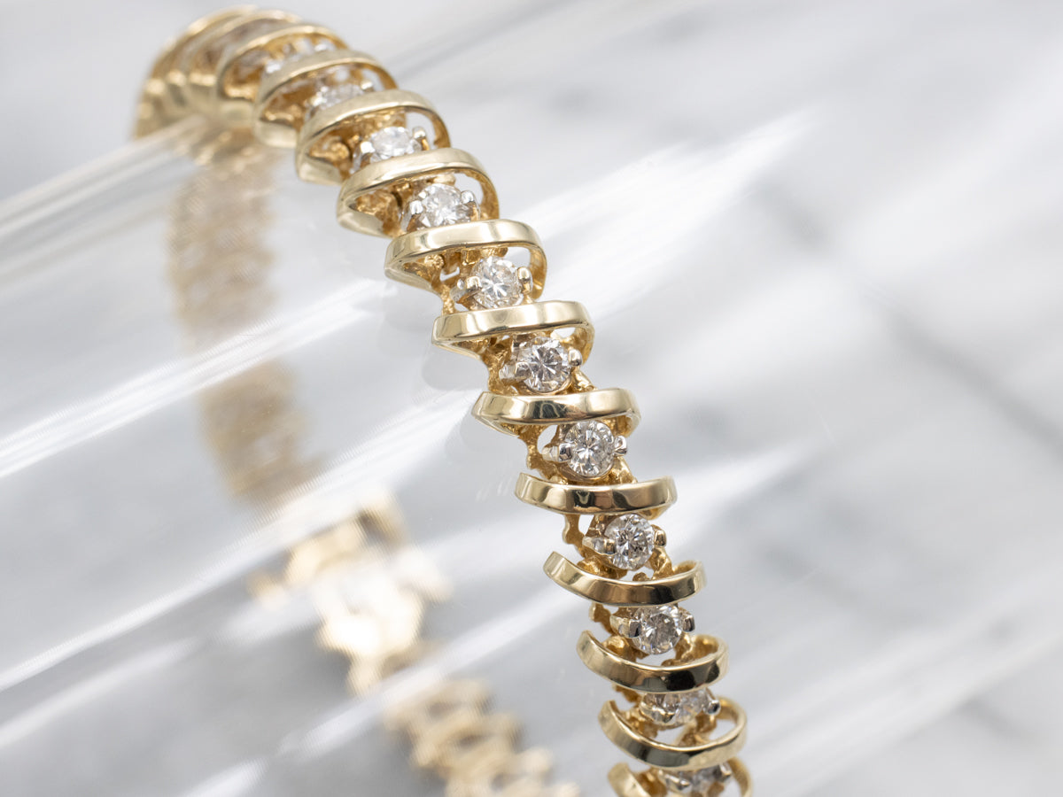 Diamond Yellow Gold Tennis Bracelet with Curved Links