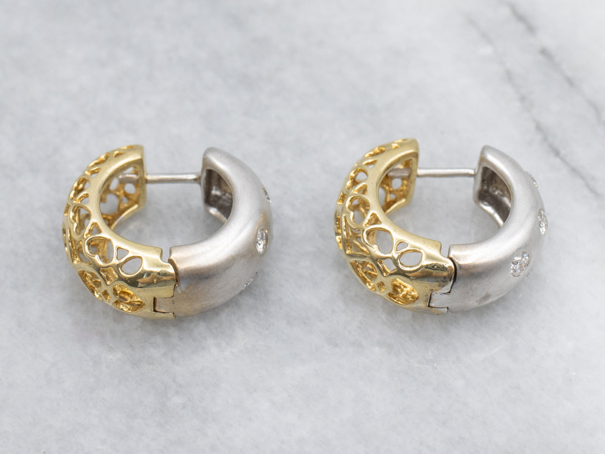 Modern Etoile Diamond Two Tone Heart-Filigree Hoop Earrings