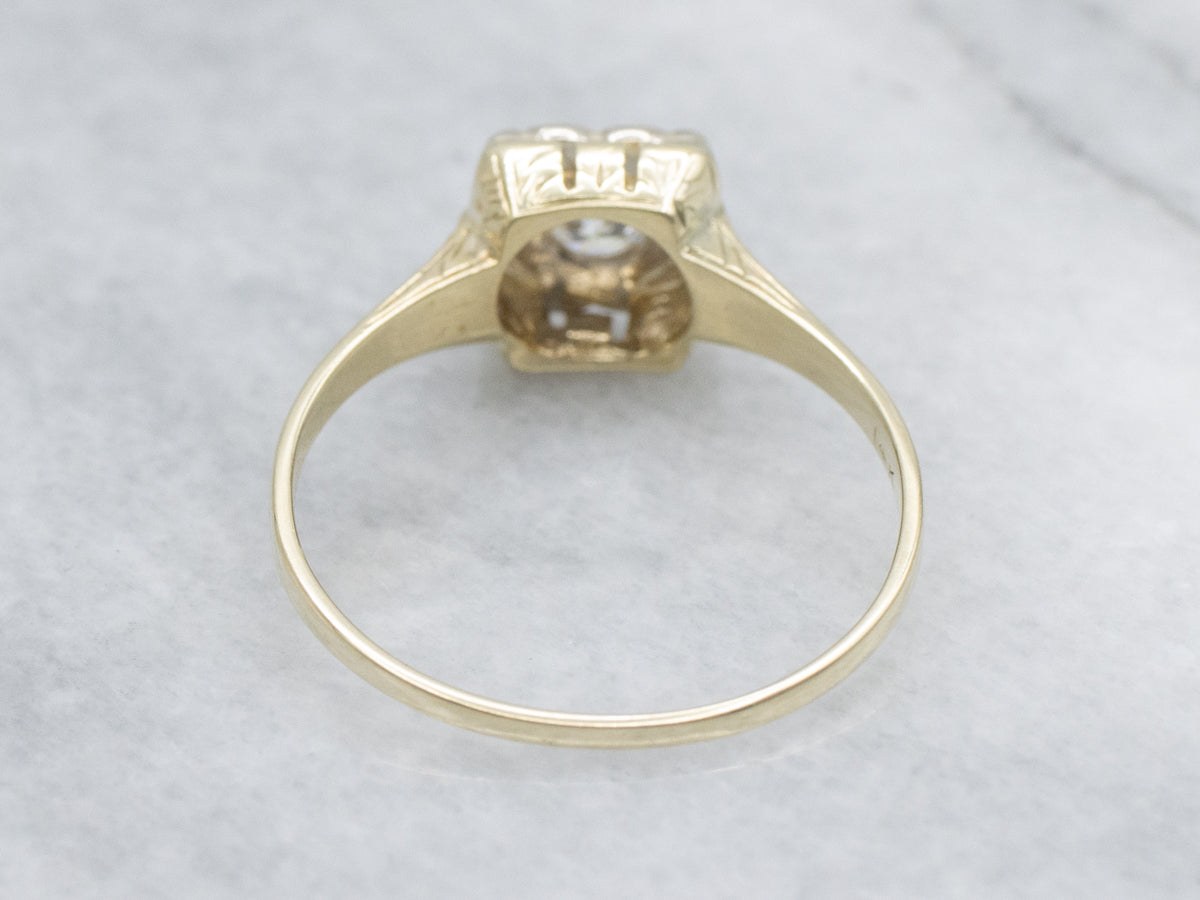 European Cut Diamond in Vintage Gold Flower Engagement Setting