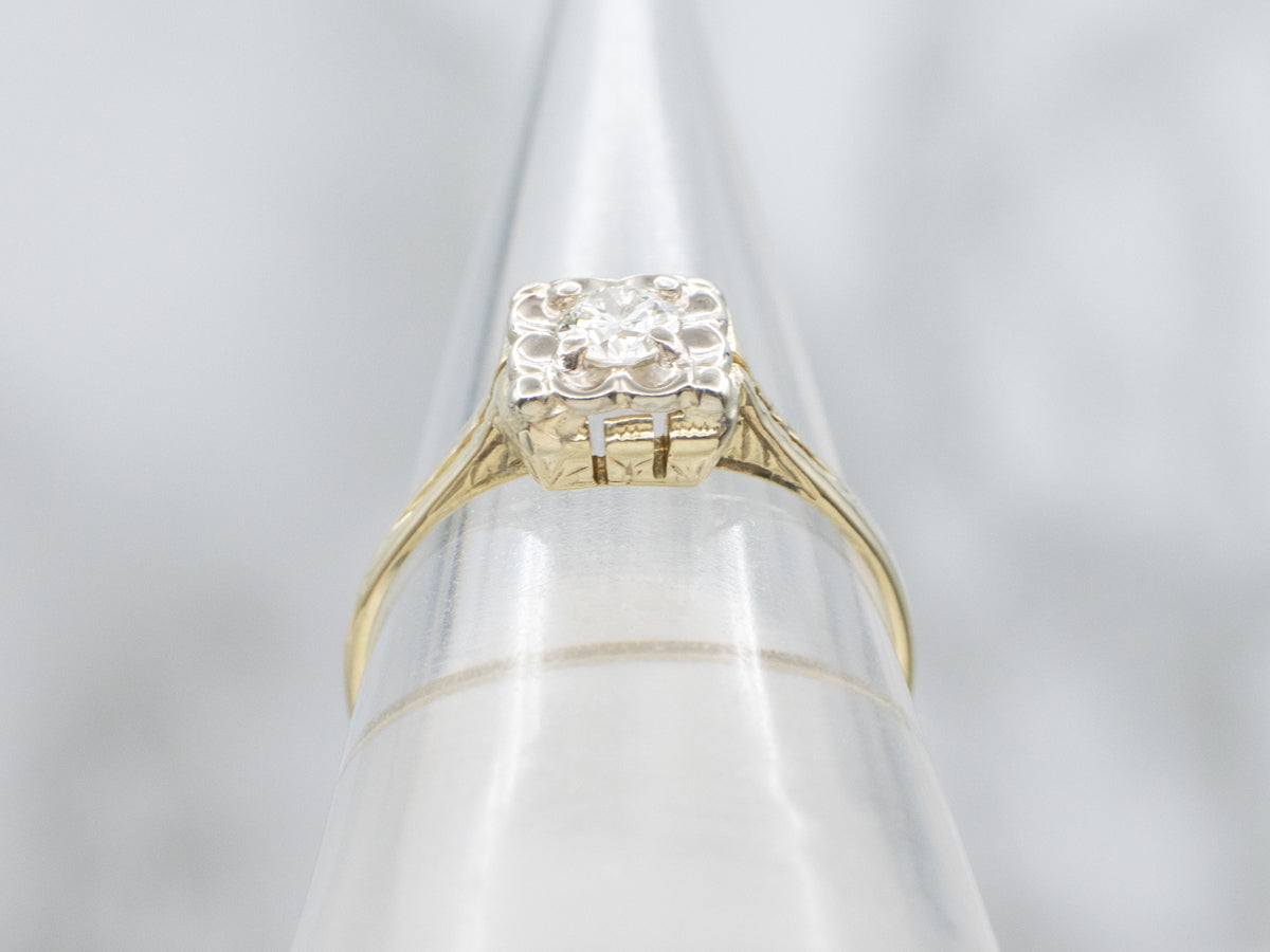 European Cut Diamond in Vintage Gold Flower Engagement Setting