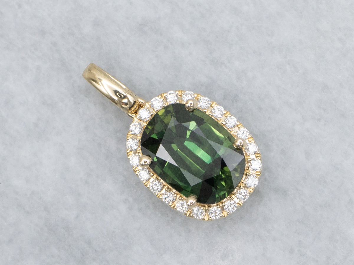 Modern Green Sapphire and Diamond Halo Yellow Gold Pendant