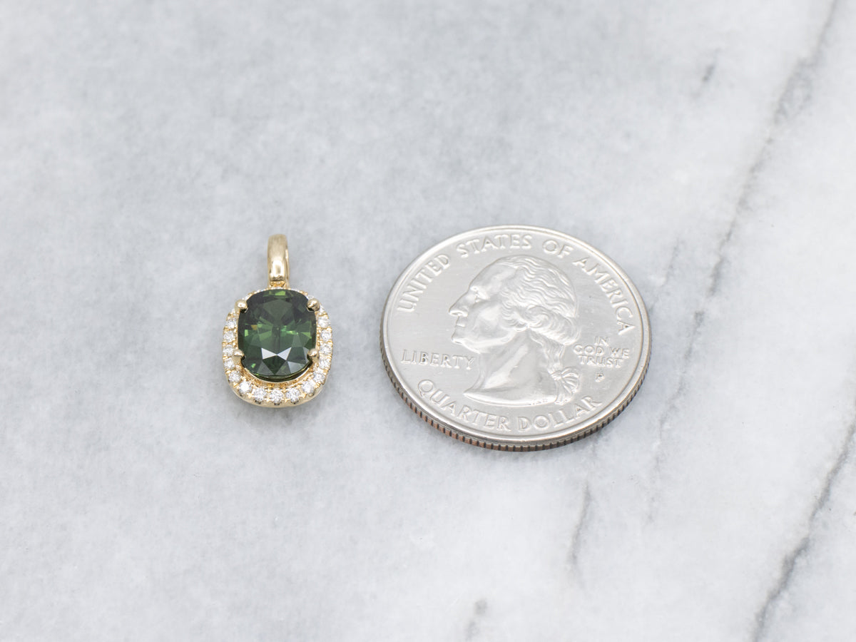 Modern Green Sapphire and Diamond Halo Yellow Gold Pendant