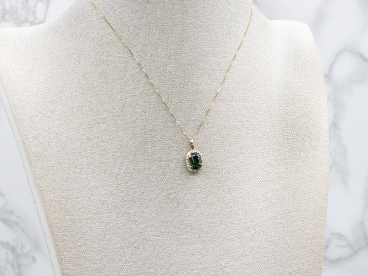 Modern Green Sapphire and Diamond Halo Yellow Gold Pendant