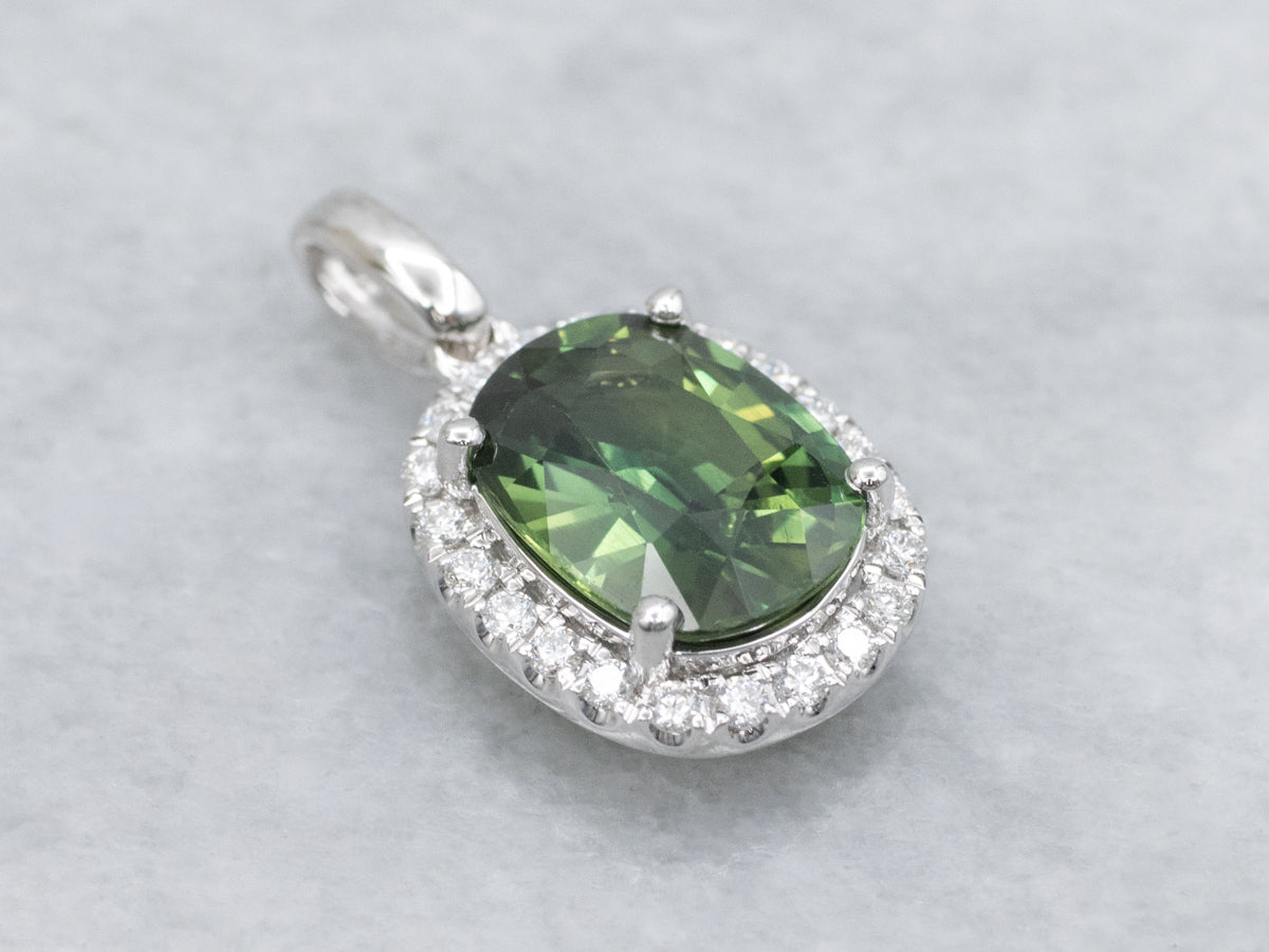 Modern Green Sapphire and Diamond Halo White Gold Pendant