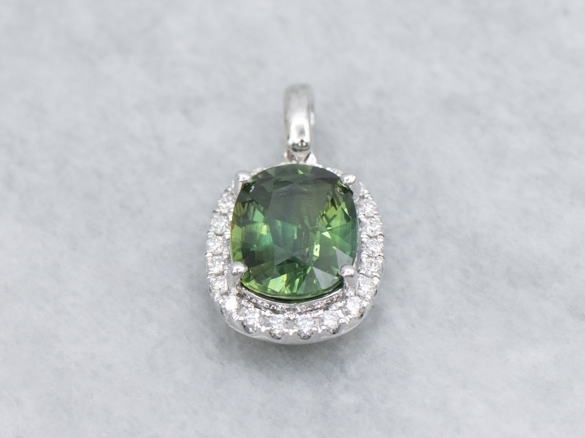 Modern Green Sapphire and Diamond Halo White Gold Pendant