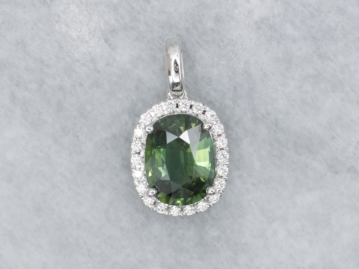 Modern Green Sapphire and Diamond Halo White Gold Pendant