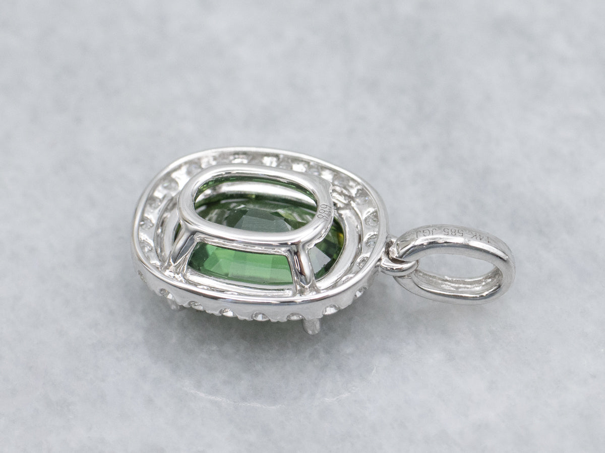 Modern Green Sapphire and Diamond Halo White Gold Pendant