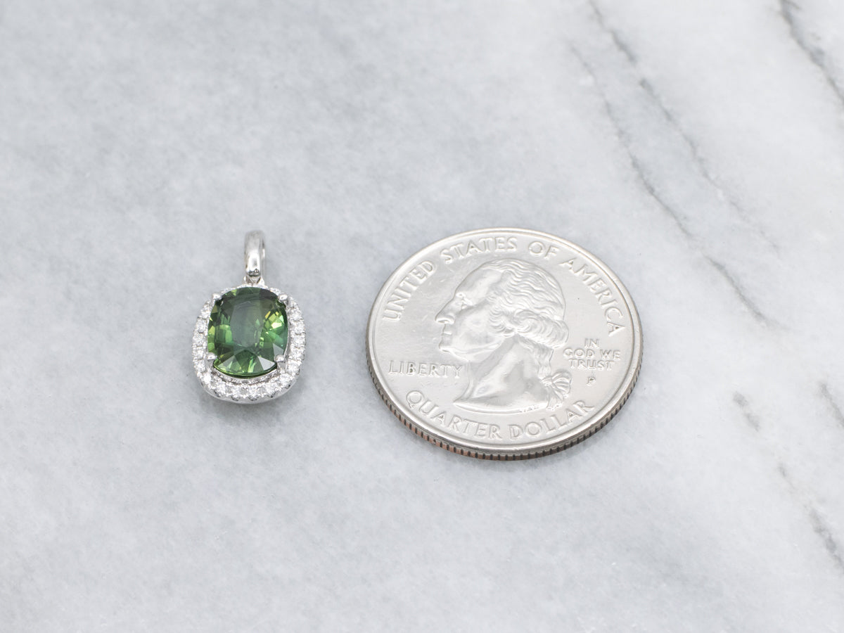 Modern Green Sapphire and Diamond Halo White Gold Pendant