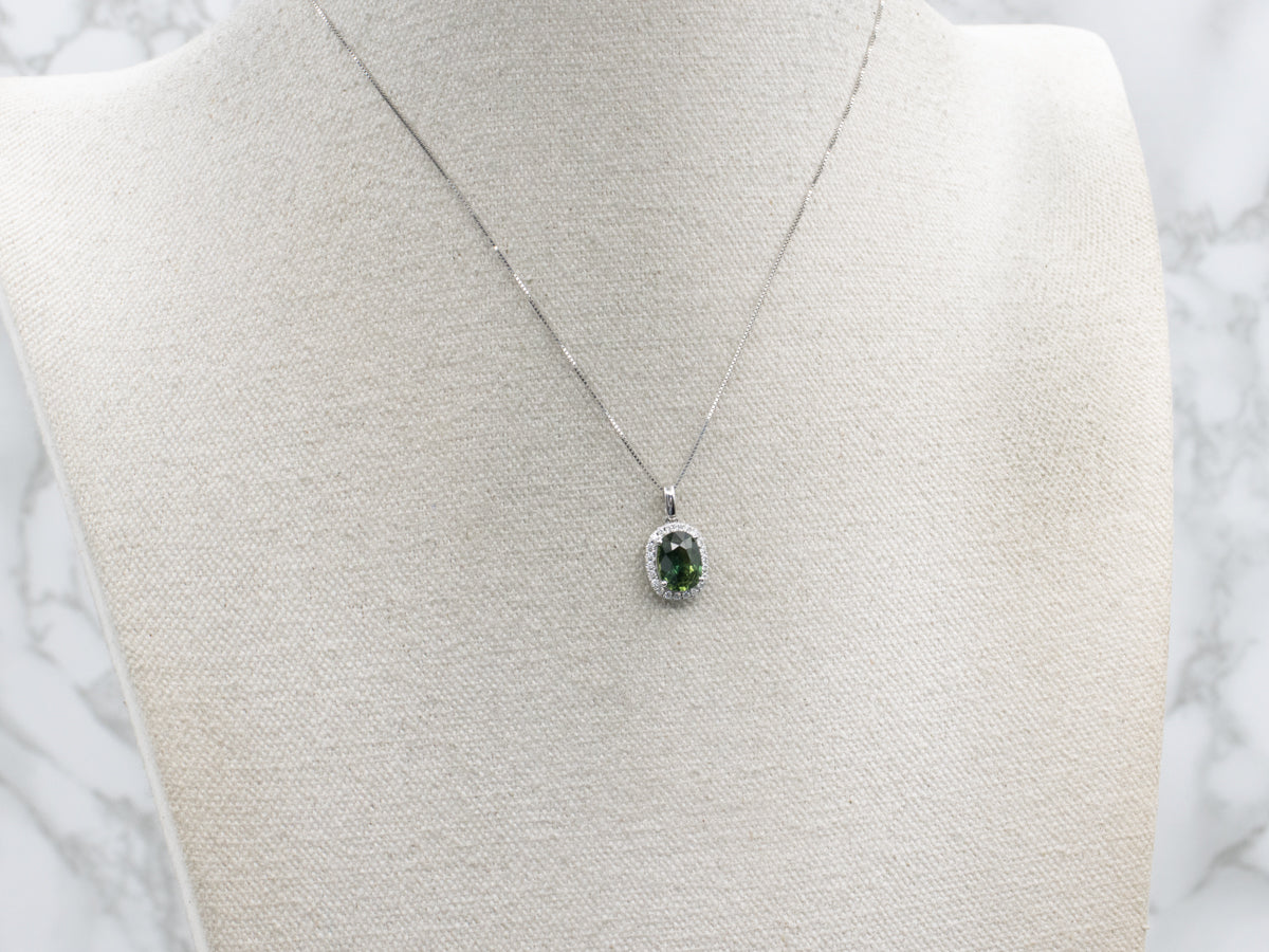 Modern Green Sapphire and Diamond Halo White Gold Pendant