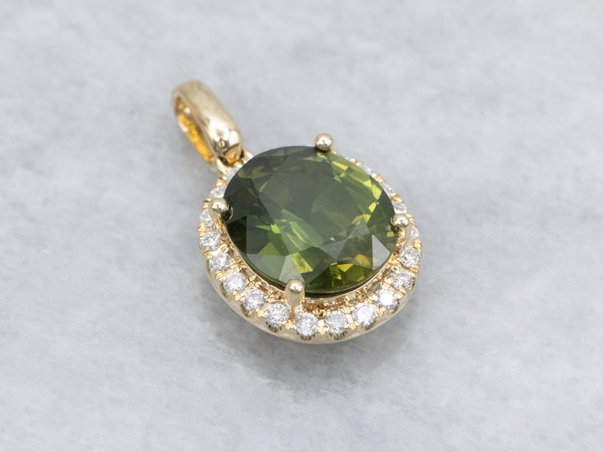 Modern Oval-Cut Green Sapphire and Diamond Halo Pendant