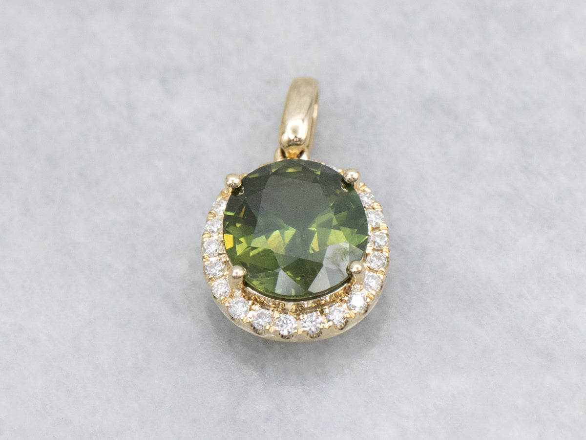Modern Oval-Cut Green Sapphire and Diamond Halo Pendant