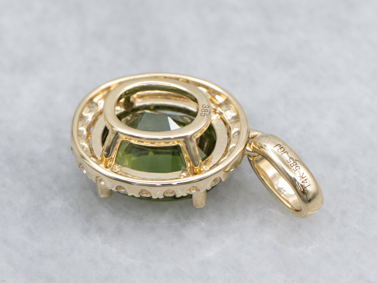 Modern Oval-Cut Green Sapphire and Diamond Halo Pendant