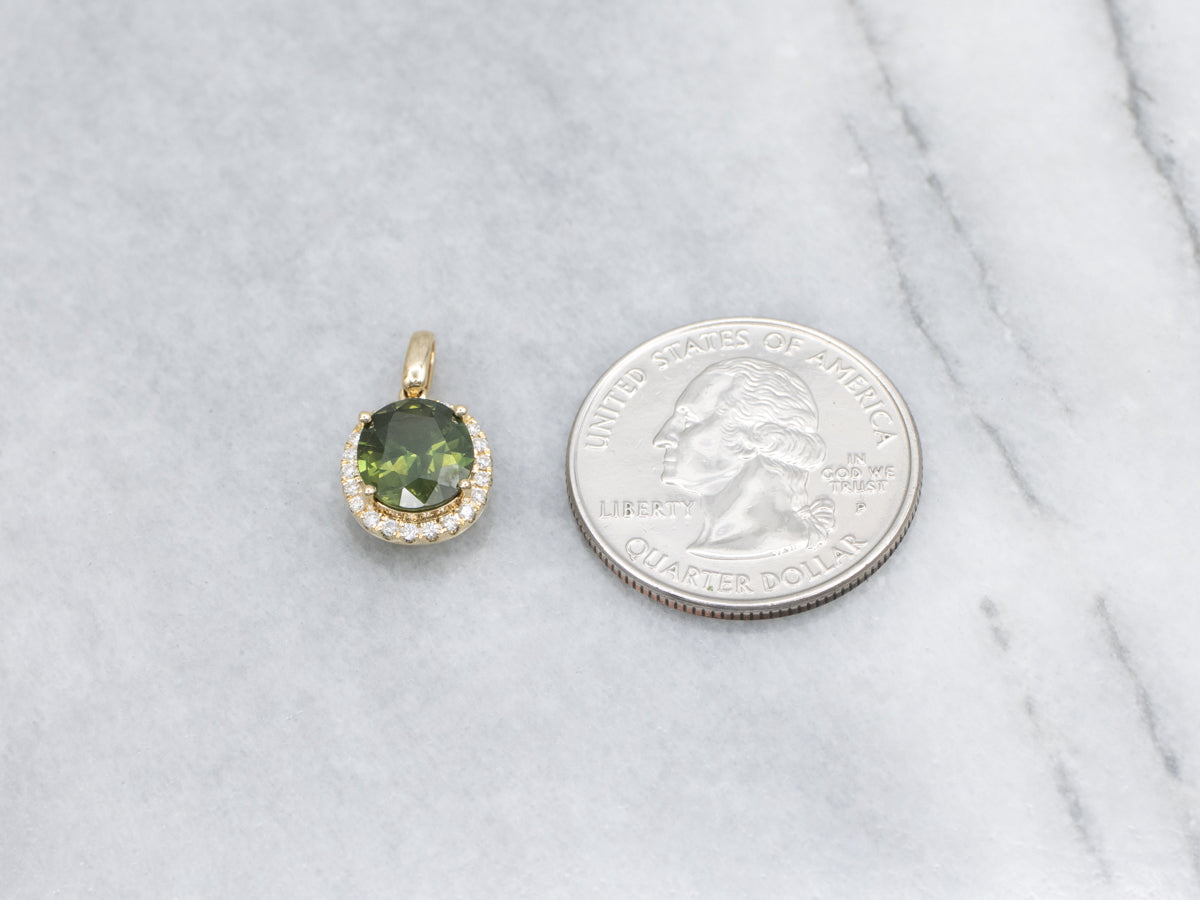 Modern Oval-Cut Green Sapphire and Diamond Halo Pendant