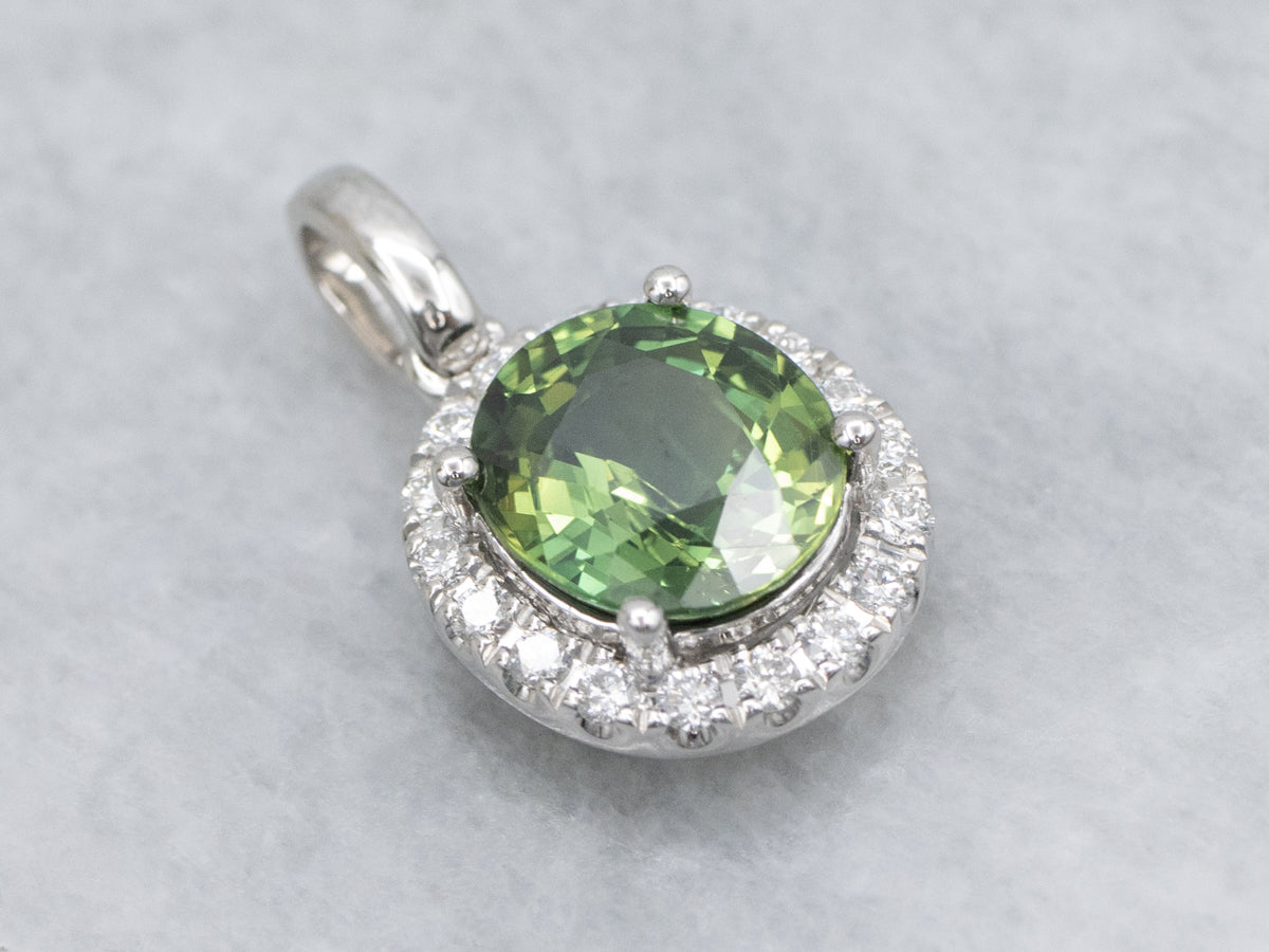 Cushion-Cut Green Sapphire and Diamond Halo White Gold Pendant