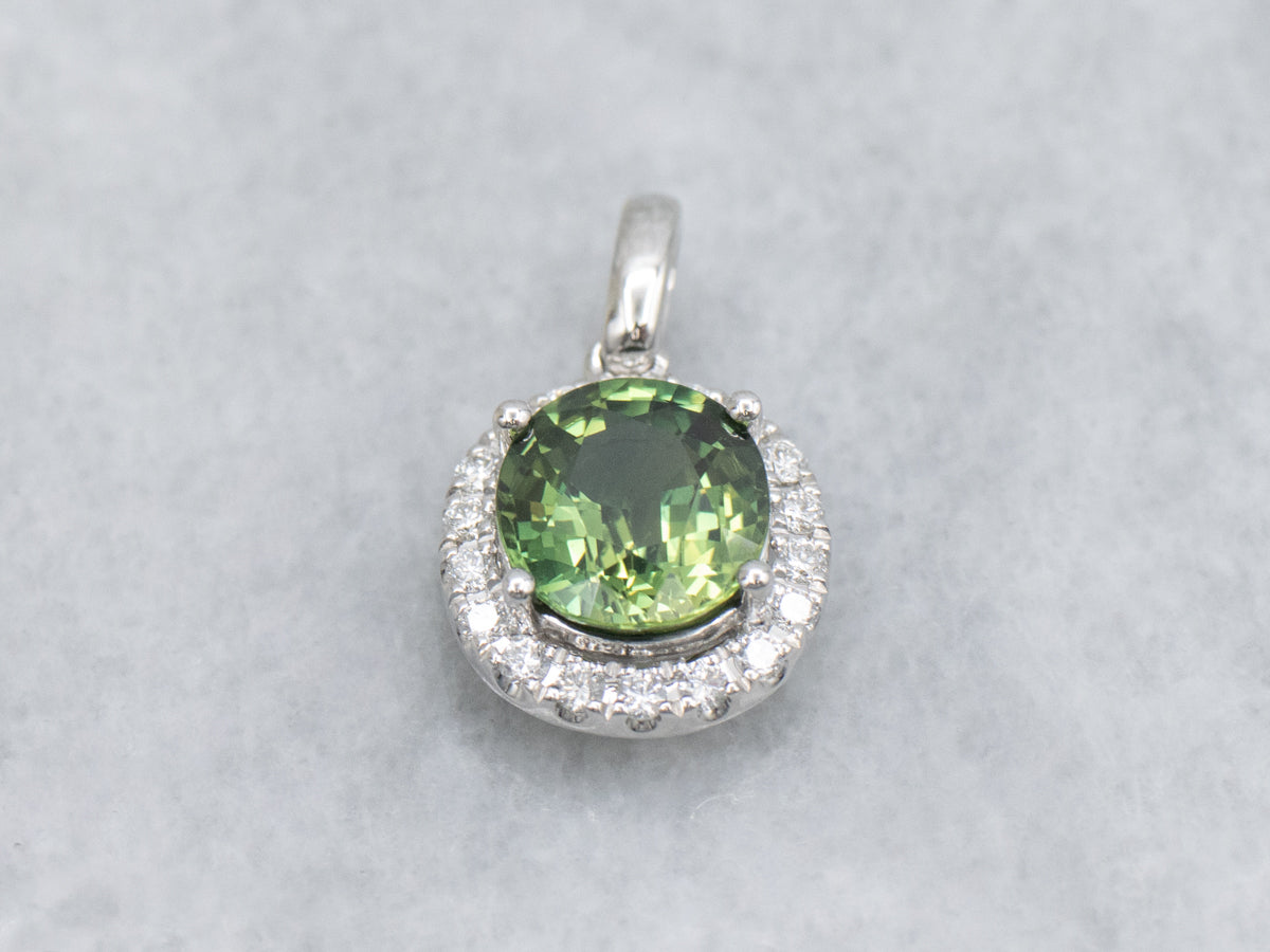 Cushion-Cut Green Sapphire and Diamond Halo White Gold Pendant