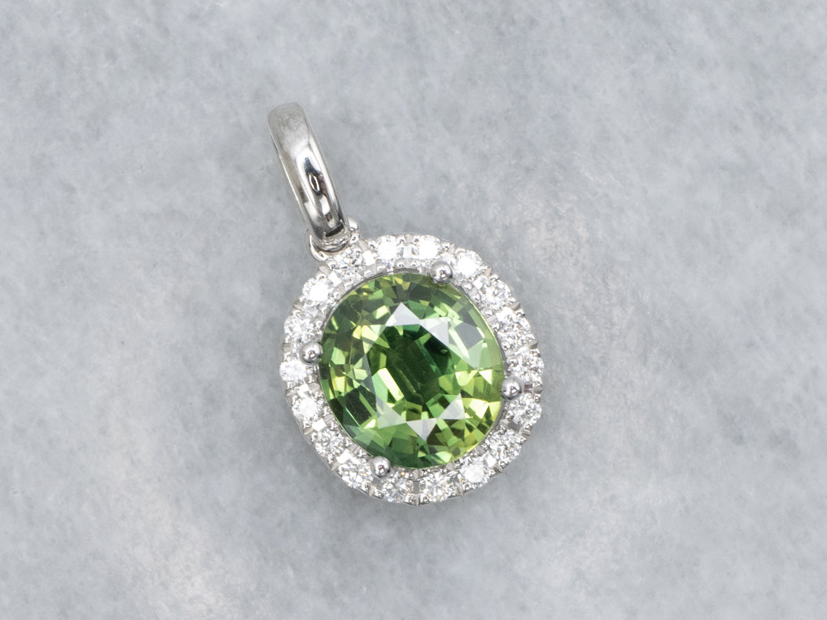 Cushion-Cut Green Sapphire and Diamond Halo White Gold Pendant