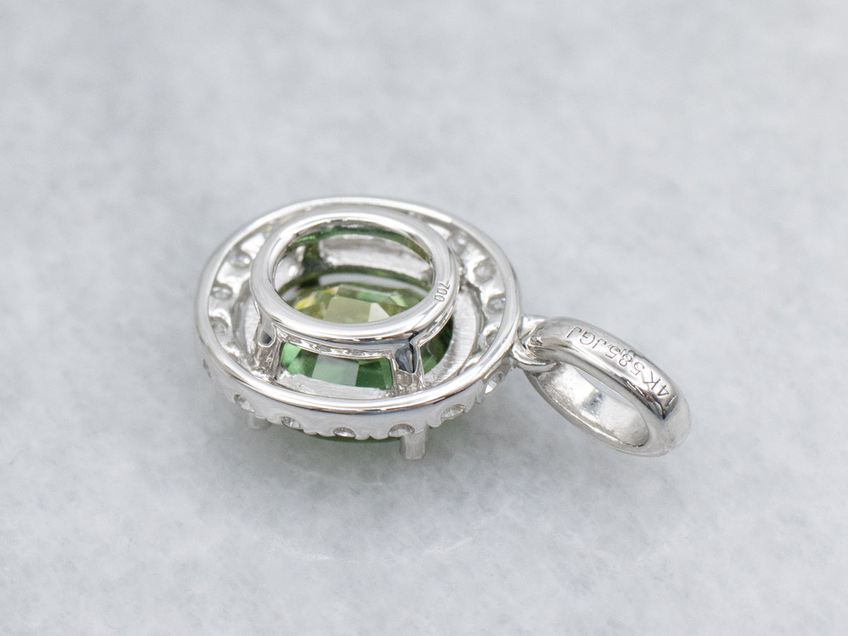 Cushion-Cut Green Sapphire and Diamond Halo White Gold Pendant