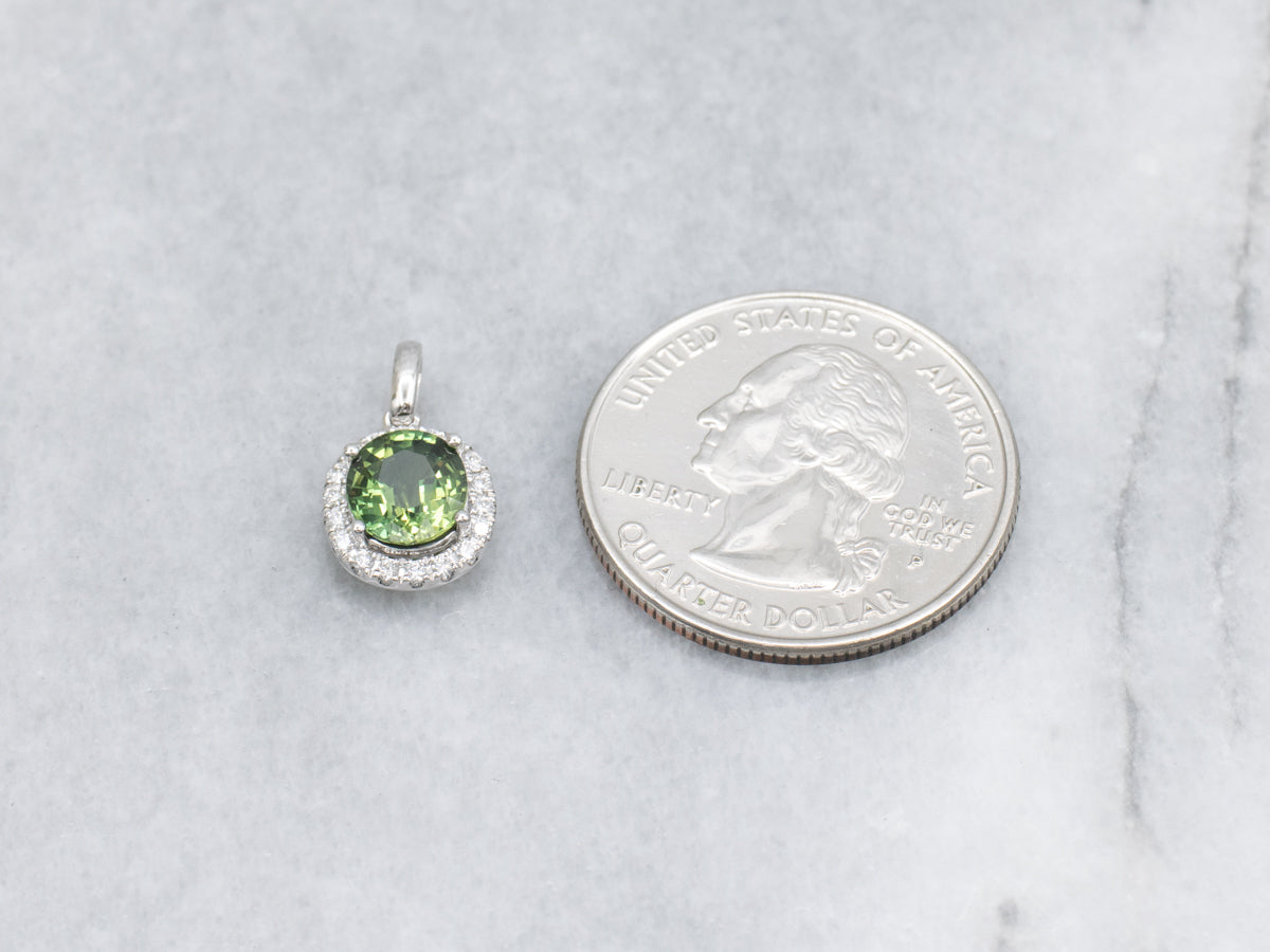 Cushion-Cut Green Sapphire and Diamond Halo White Gold Pendant