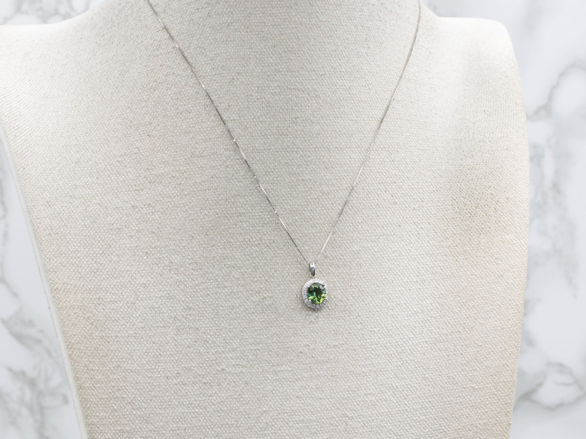 Cushion-Cut Green Sapphire and Diamond Halo White Gold Pendant
