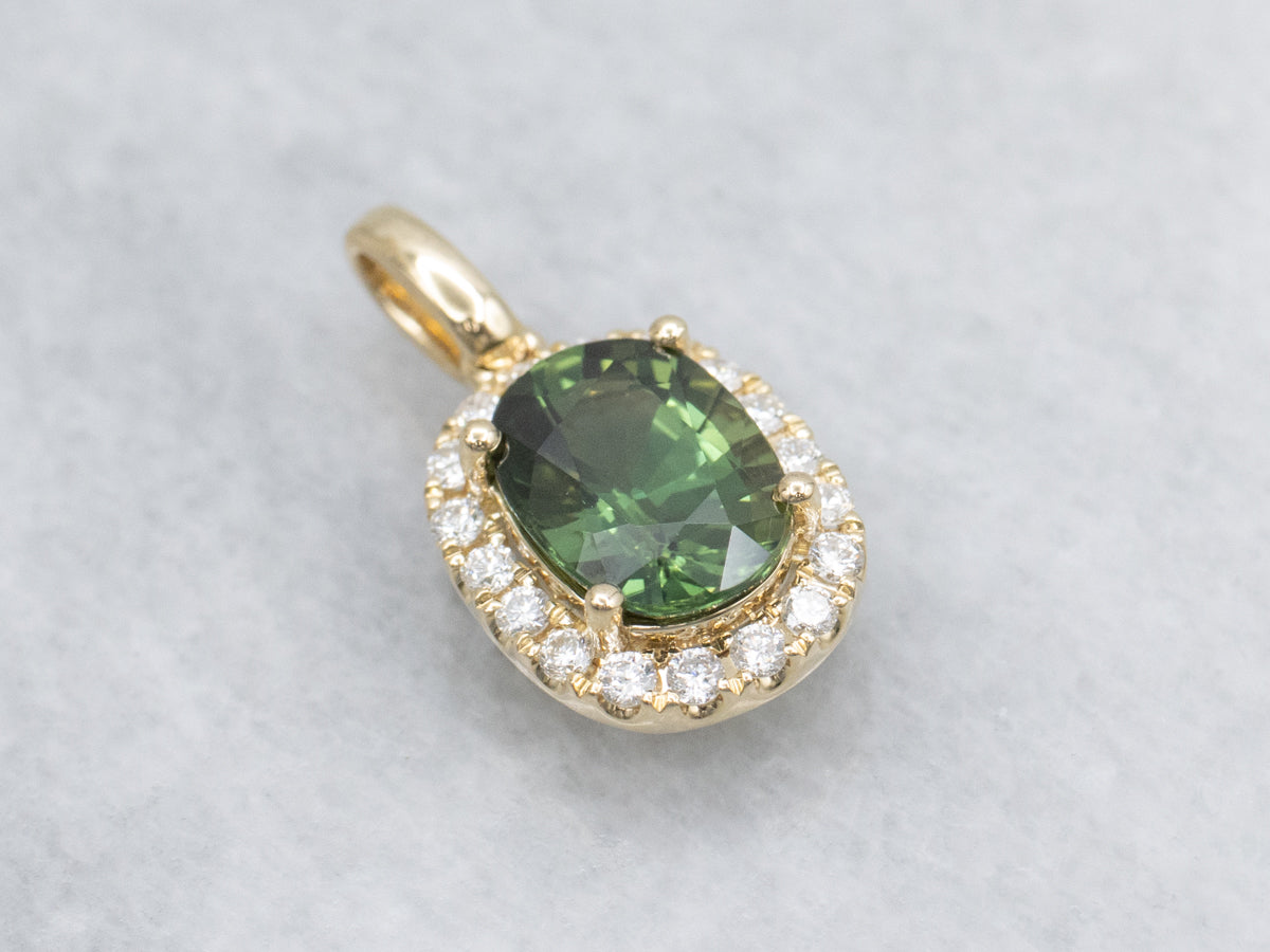 Modern Yellow Gold Green Sapphire and Diamond Halo Pendant