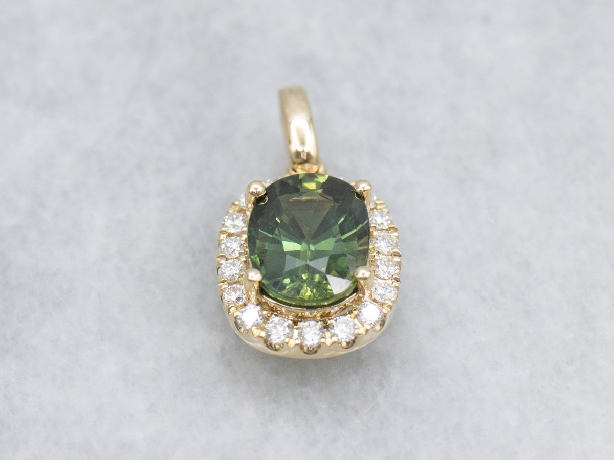 Modern Yellow Gold Green Sapphire and Diamond Halo Pendant