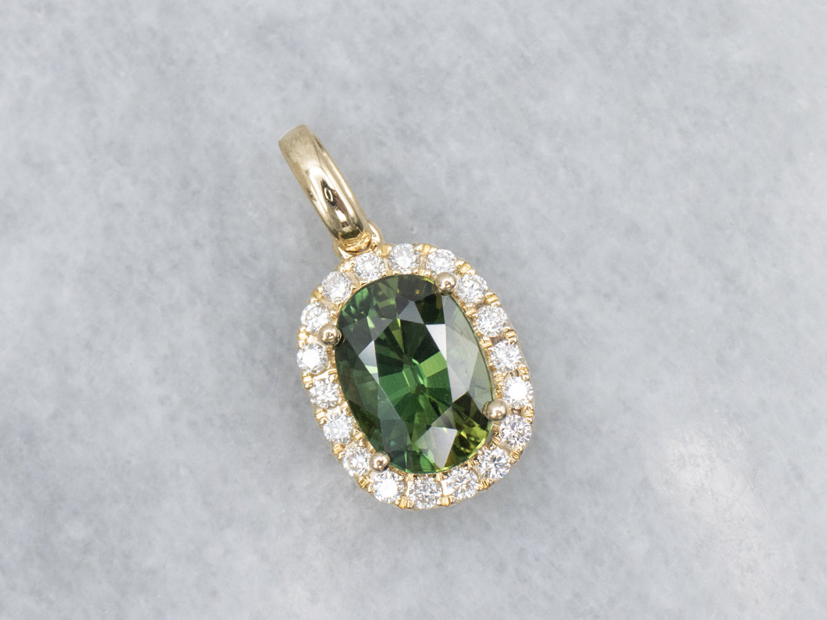 Modern Yellow Gold Green Sapphire and Diamond Halo Pendant