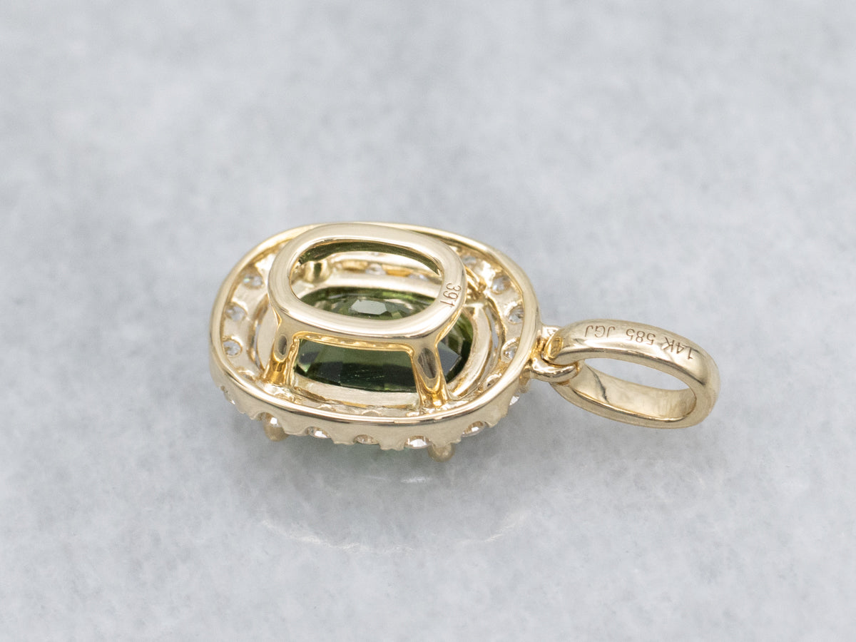 Modern Yellow Gold Green Sapphire and Diamond Halo Pendant