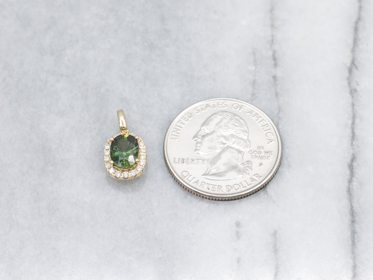 Modern Yellow Gold Green Sapphire and Diamond Halo Pendant