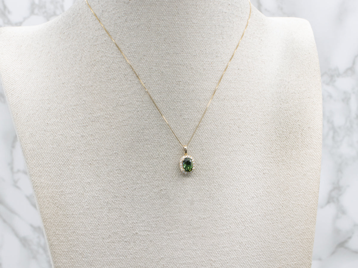 Modern Yellow Gold Green Sapphire and Diamond Halo Pendant