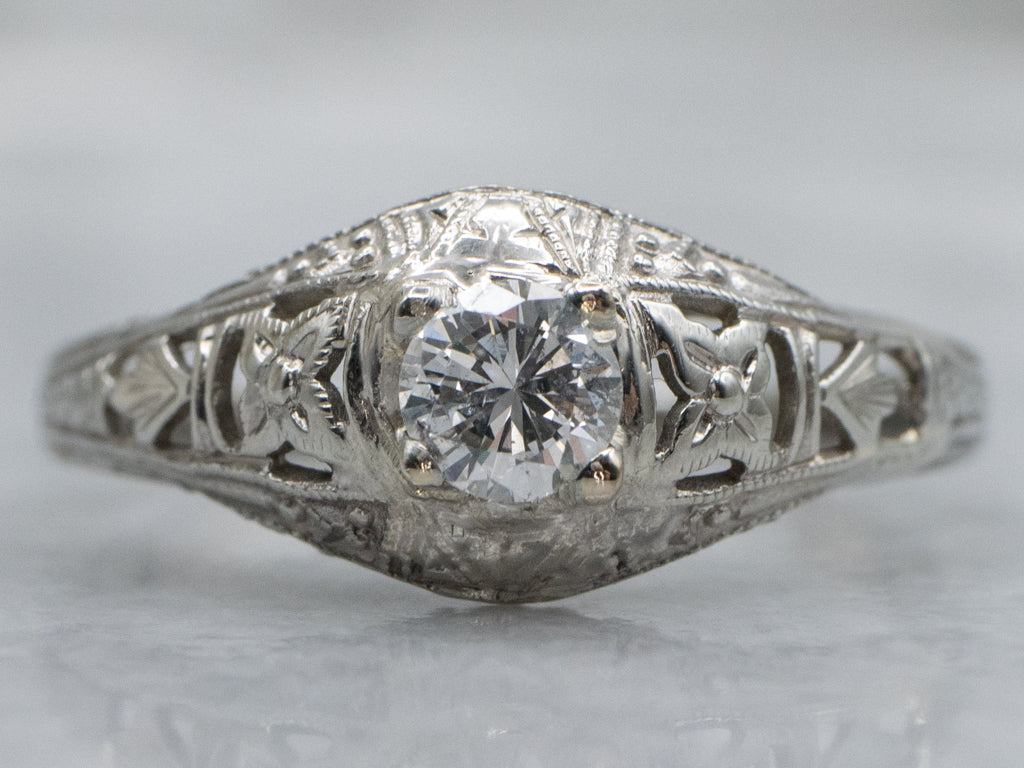 Floral Filigree Diamond Solitaire Engagement Ring