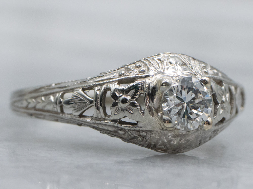 Floral Filigree Diamond Solitaire Engagement Ring