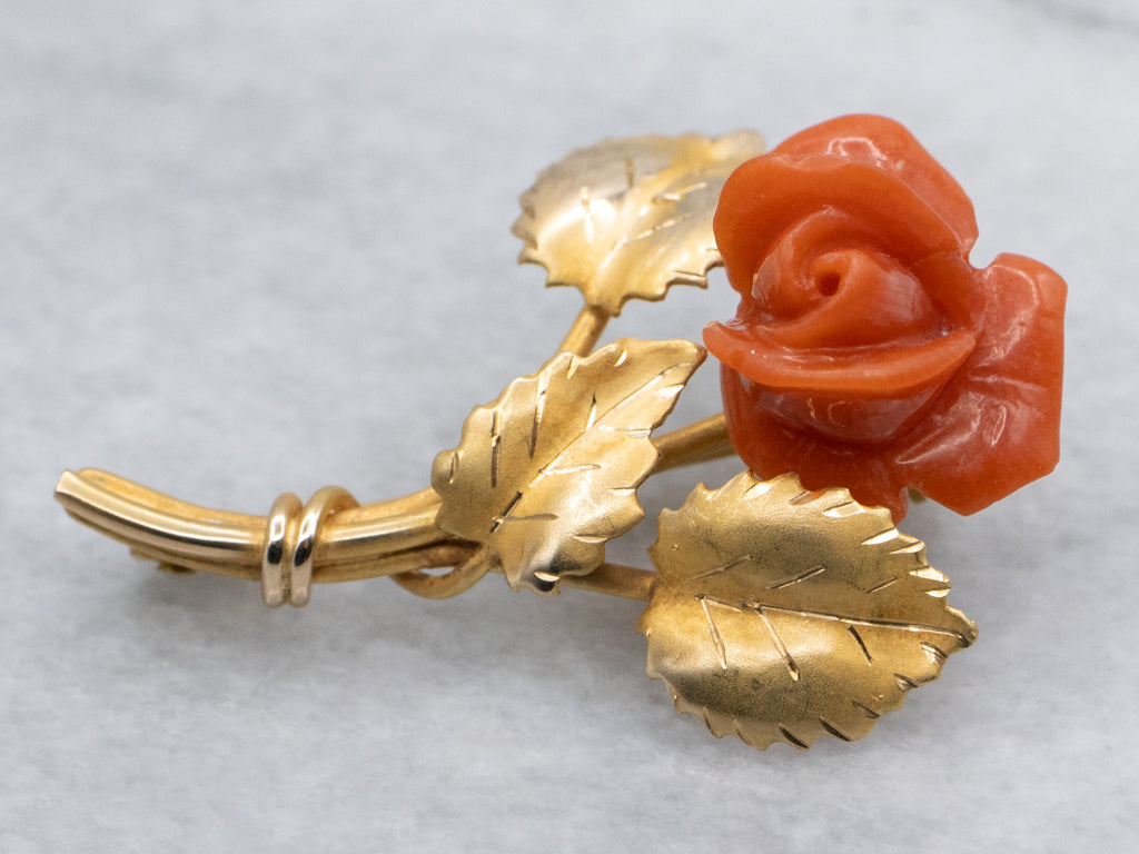 Vintage 18-Karat Gold Carved Coral Rose Brooch